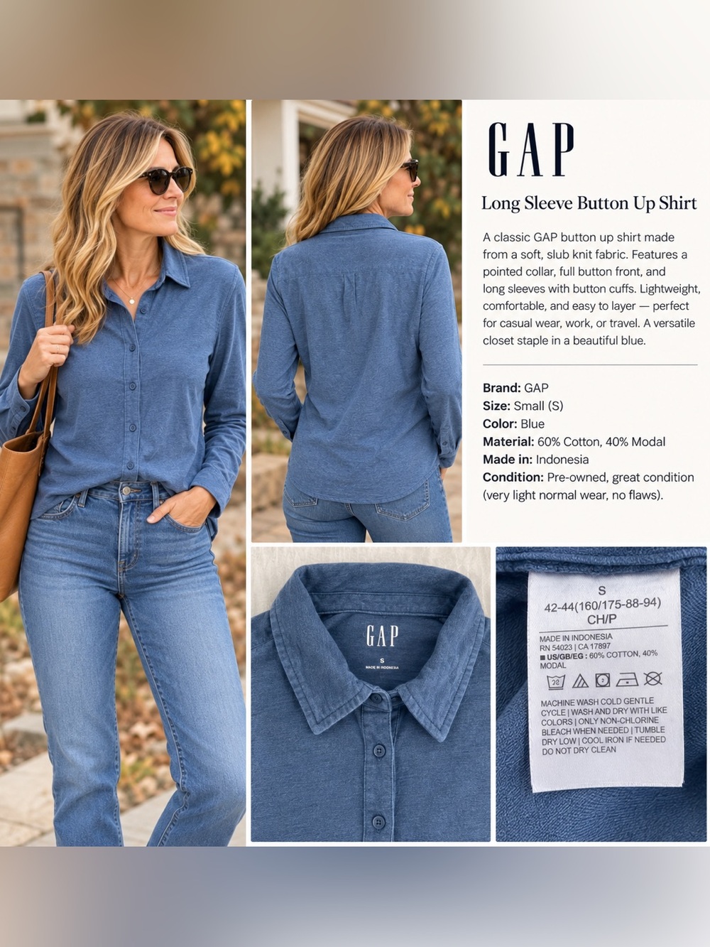 GAP Long Sleeve Button Up Shirt Blue Long Sleeve Size Small